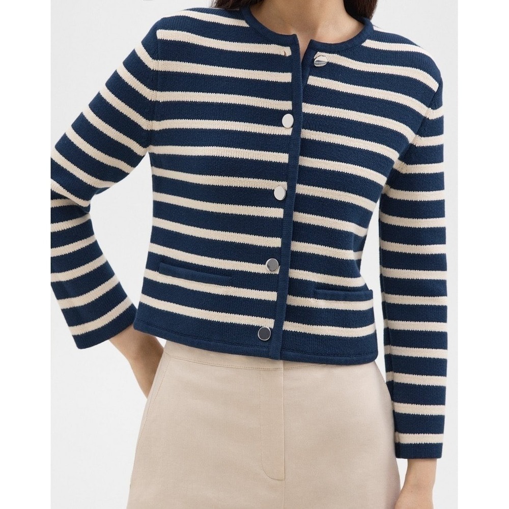Theory Striped Cropped Jacket in Cotton Bouclé Size M NWOT Pristine - Picture 4 of 11